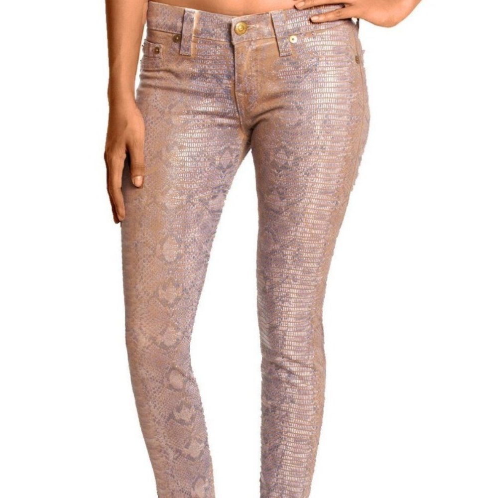 True Religion Halle Pink Coated Snakeskin Skinny Jeans Sz. 27 EUC